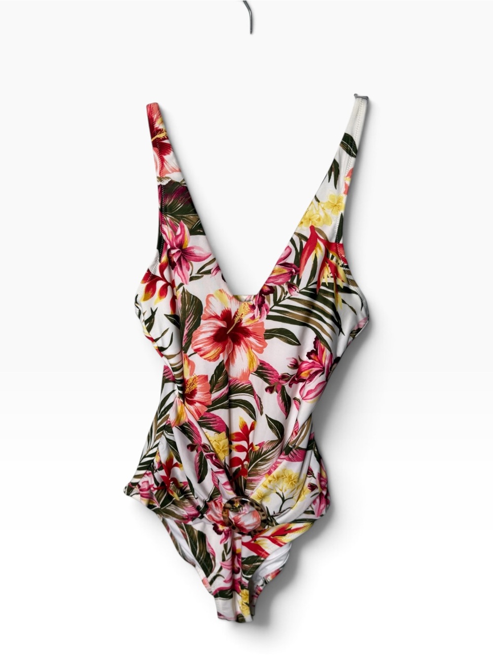 Old Navy White Multi Floral V-Neck O-Ring One-Piece Swimsuit Medium